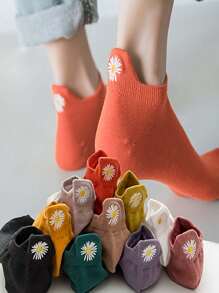 5/10双装，优雅舒适柔软的春夏休闲袜，日式风格，柔软舒适，女士雏菊刺绣短袜，温暖的圣诞礼物，必备新年袜，情人节惊喜