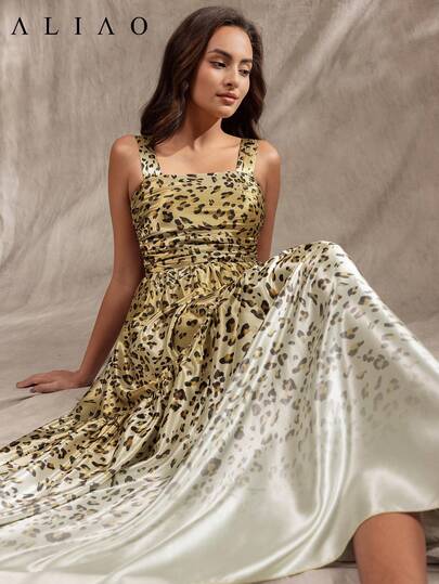 Aliao High-End Satin Leopard Print Floral Pleated Camisole Dress, Old Money Style, Court Style, Evening Gala, Valentine Day, Prom Party, Holidays, Festivals, New Year Outfit