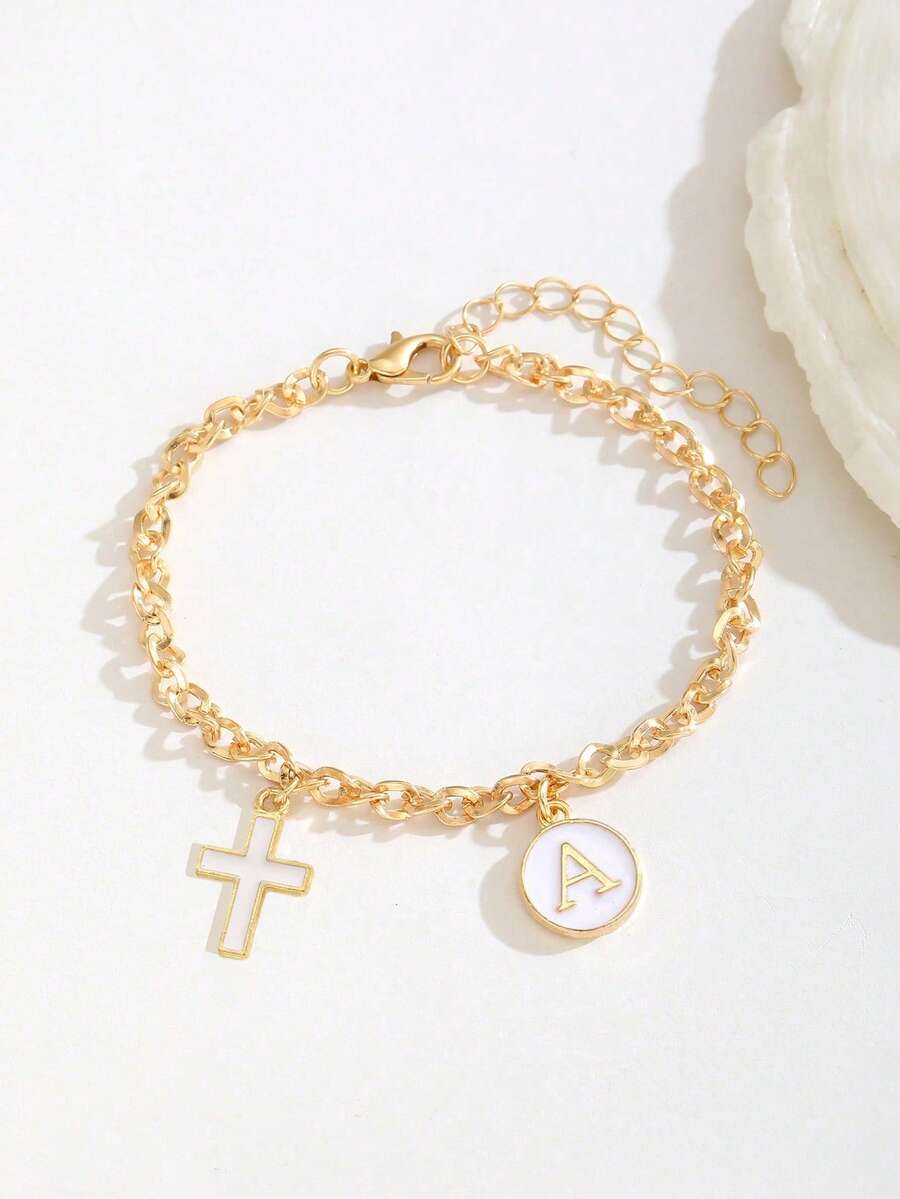1 chiếc vòng tay mặt dây chuyền hình thánh giá và chữ cái thanh lịch, phù hợp cho nữ, phụ kiện mùa hè tinh tế và thời trang, quà tặng sinh nhật cho tuổi teen. - trắng - Xem 1
