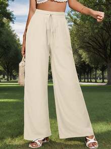 GS SNOWING Womens Wide Leg Palazzo Pants Flowy Elastic Waist Tie Pant Casual Loose Solid Trousers - 杏色 - 查看 1