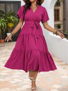 Vestidos Casuales de Talla Grande para Mujer, Vestidos de Cuello En V de Color Liso para Mujer, Mangas Sueltas con Volantes, Vestidos Casuales con Cintura Anudada, Adecuados para Fiestas Y Ropa Informal - Rosa Fucsia - Ver 4