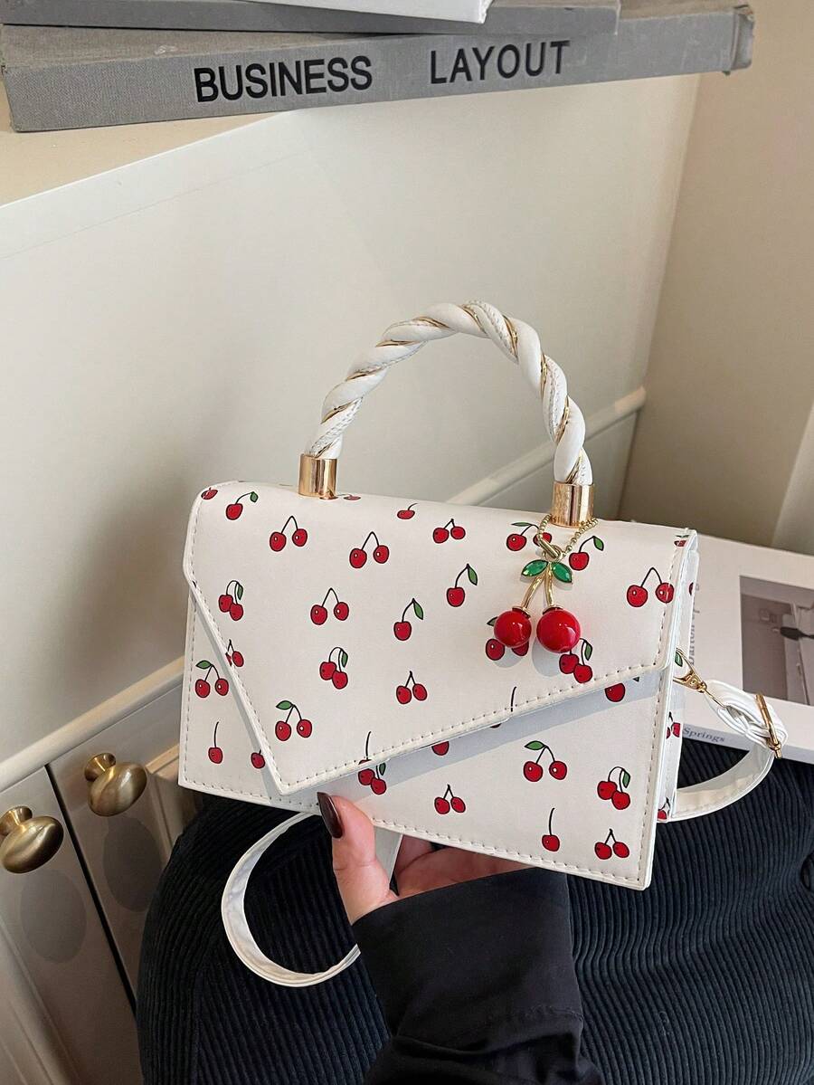 Girls' Cute Cherry Print Women's Wallet, Woven Handle Women's Handbag, Asymmetric Women's Tote Bag, Flap Cover Women's Shoulder Bag, Suitable For Girls, Office, Daily Commute, Casual, Photography, Holidays, Gifts