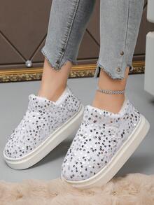 冬季新款高帮白色底银色闪光毛绒拖鞋，户外日常保暖全覆盖白色底银色闪光高跟家居拖鞋，尺码36-45，室内拖鞋 - 白銀亮片 - 查看 4