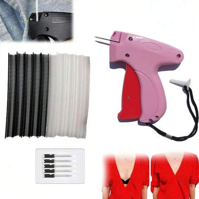 1 Set Portable Sewing Machine Accessories, Quilting Gun, Mini Sewing Gun, Micro Sewing Edging Gun, Clothing Micro Label Sewing Tool (1 Label Gun + 6 Needles + 500 White And 500 Black Glue Pins)