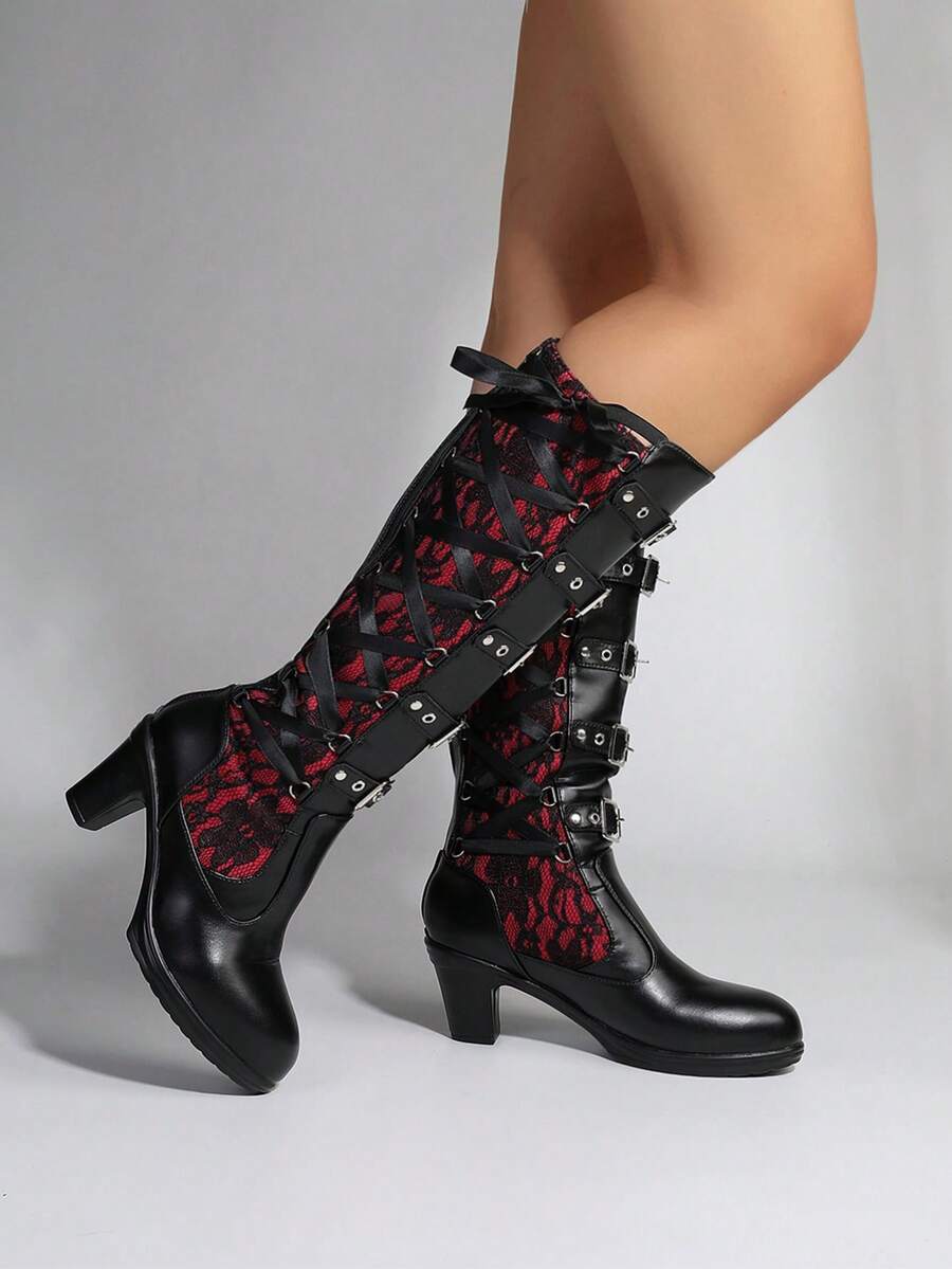 女式朋克高跟靴，哥特式粗跟及膝靴，适合婚礼、新娘、派对、万圣节，后拉链、带扣、蕾丝、粗跟、系带，红色高跟鞋 - 紅色 - 查看 1