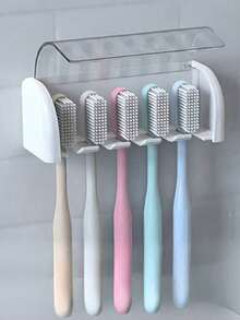 1pc Wall-Mounted No-Drill Toothbrush Holder With Lid, Suitable For Electric Toothbrushes, Toothpaste Storage Rack, Self-Adhesive 2/5/6 Slot Toothbrush Organizer For Home Bathroom, Bathroom Storage Accessories (White), Home Bathroom Decor, Back To School Supplies - Multicolor - View 1