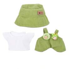 (Solo ropa) Nuevo conjunto de moda de 17 cm de muñeca Labobo de 1ra/2da/3ra generación sentada - Gorro cubo, camiseta blanca, conjunto de pantalones con babero para Labubu