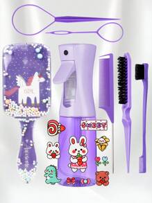 4/6/8Pcs Hair Brush Set And Continuous Spray Bottle(6.8 OZ / 200 ML) With Cartoon Design Waterproof Temporary Tattoos, Ultra Fine Spray Bottle And Edge Brush Bristle Brush Rat Tail Comb Teasing Brush Set For Smoothing Hair, Hairstyling, Cleaning, Salons