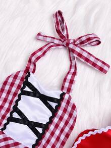 Baby Girl Halter Plaid Dress, Red Cloak Little Red Riding Hood Outfits, 2Pcs Party Cosplay Costume - Red - View 5
