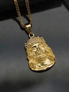 1 Stück Hip Hop Goldfarben JESUS Kopf Gesicht Anhänger Halskette mit Strass Edelstahl Kette Collier für Männer Christlichen Schmuck - Gold - Übersicht 2