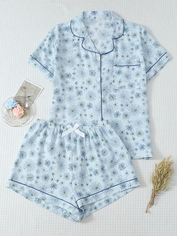 2pcs Blue Daisy Print Pajama Set, Comfortable Collared Button-Up Top And Bow Shorts, Women Sleepwear And Loungewear
