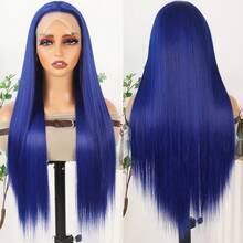 Purple Color Lace Front Wigs Pre Plucked Hairline Long Straight Wigs For Fashion Women Girls Party Daily Wear Glueless Dark Purple Lace Front Synthetic Wigs 13x4 Free Part Heat Resistant Fiber Hair 28 Inch 180% Density - 藍色 - 查看 6