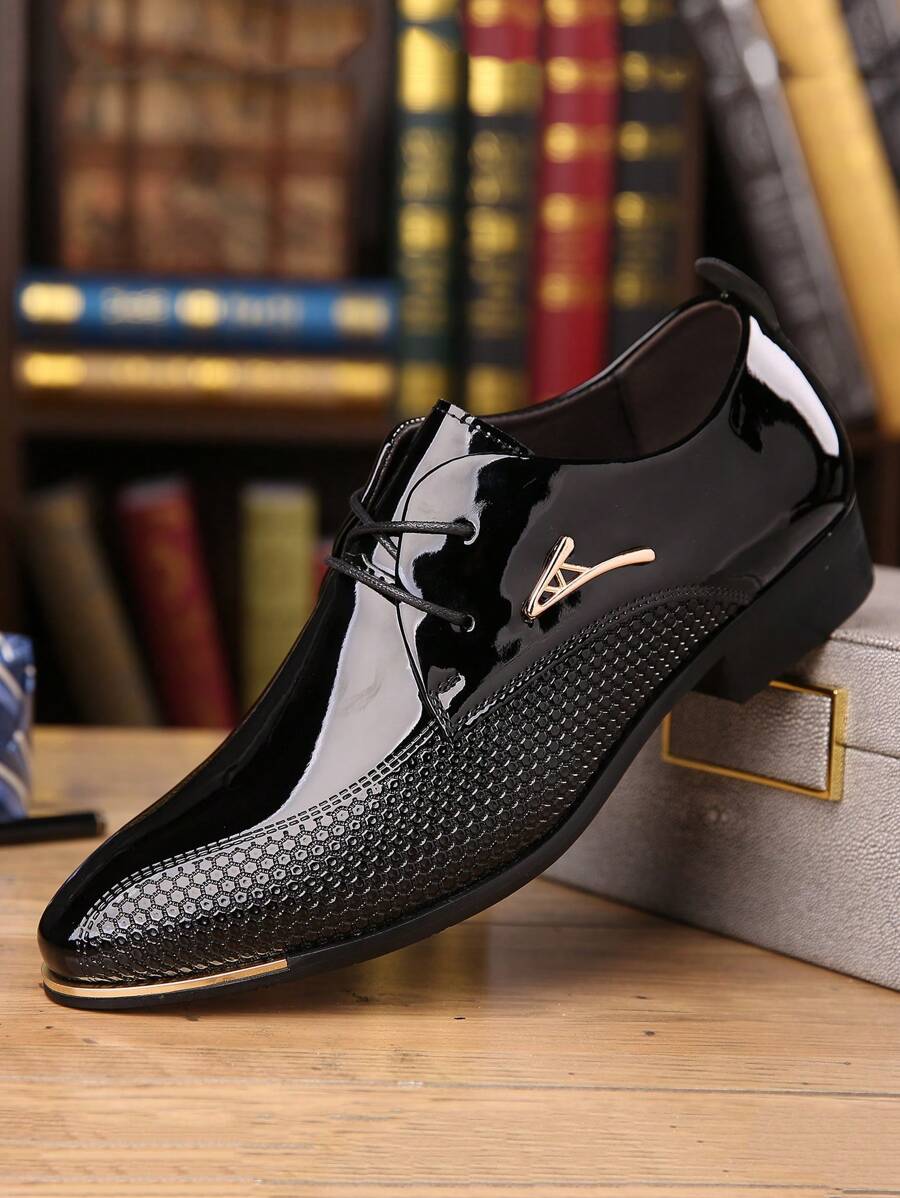 Plus Size Men's Glossy Leather Lace-Up Pointed Toe Dress Shoes, Formal Wedding Business Attire