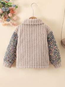 Girls' Soft Plush Fabric Patchwork Fashion Embroidered Beaded Turndown Collar Long Sleeve Button Cardigan Jacket, Autumn/Winter - Khaki - View 2