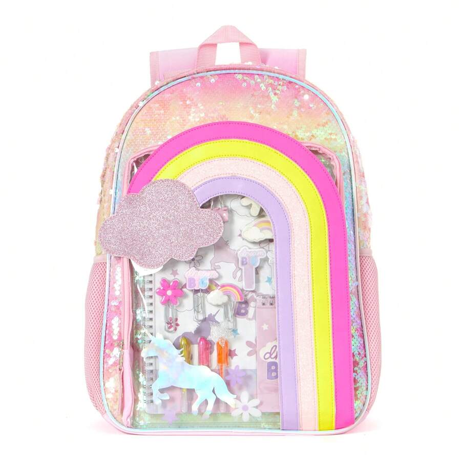 Schoolyard Vibes Rainbow Girls 17" Sequin Stationary Kids Backpack Set, Pink.Quality Products - Pink - View 1