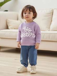 Suéteres para niñas pequeñas, de manga larga, con cuello redondo y bordado de letras, prendas de punto para niñas pequeñas - Morado - Ver 5