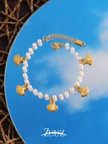 1pc Summer Ocean Style Stainless Steel Shell Pendant Bracelet, Fashionable Shell Pearl Chain Bracelet, Suitable For Women Beach Holiday Daily Wear - Bracelet - View 9