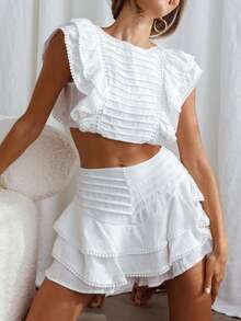 Women Y2k 2 Piece Ruffle Outfit Cap Sleeve Crop Tank Top And Mini Layering Skorts Set - 白色 - 查看 6