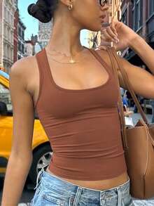 Áo croptop nữ màu trơn dáng ôm, gợi cảm với dây đeo mảnh, hở eo, thích hợp mặc hàng ngày và đi nghỉ hè. - Đỏ gạch - Xem 3