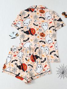 Set pijamă pentru femei 2 piese/set, cu top cu mânecă scurtă, guler cu bordură și pantaloni scurți cu fundă, imprimeu amuzant cu fantomă, păianjen și dovac, primăvară/vară - Caisă - Vizualizare 2