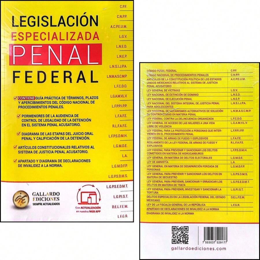 Libro en Pasta Blanda "Legislación Especializada Penal Federal 2025" – Edición Oficial, Completa y Actualizada Publicada por Ediciones Gallardo, Compilación en Materia Penal Vigentes en México, Incluye Ley Nacional de Ejecución Penal, Ley Federal contra la Delincuencia Organizada, Ley de Extinción de Dominio, Ley de Segurid4d Nacional, Ley General en Materia de Delitos Electorales, Ley General de Víctimas, Ley General para Prevenir y Sancionar la Tortura y Otras Disposiciones Complementarias, Obra de 856 Páginas en Formato Práctico de 13.8 * 4 * 21 cm, Herramienta Jurídica Fundamental para Abogados Penalistas, Jueces, Agentes del Ministerio Público, Litigantes, Estudiantes de Derecho, Funcionarios Federales y Organismos de Procuración de Justicia, Ideal para la Práctica Profesional en el Sistema Penal Acusatorio, Fiscalías, Tribunales y Despachos Especializados, Recurso Técnico y Actualizado para Consultas Rápidas y Precisas, con Enfoque Profesional y Normativo Vigente en 2025 - Libro único - Ver 1