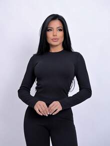 Ana Ruga Cropped Long Sleeve Simple None Beach Set - Negro - Ver 5