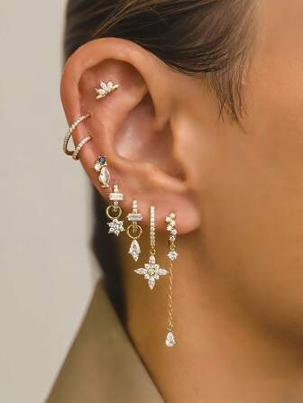 1 Set Of 8pcs Luxury Micro-Inlaid Zirconia Stud Earrings, Earrings And Single Ear Cuff, Suitable For Festivals, Parties, Gifts For Girlfriends Or Ladies' Daily Banquets, Fashionable Zirconia Earring Set