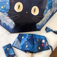 Foldable Umbrella With Cute Starry Sky Cat Design, Dual Use Rainy & Sunny Umbrella, Painting Cat Pattern, Portable, Sunproof, Compact & Fashionable, Suitable For Outdoor