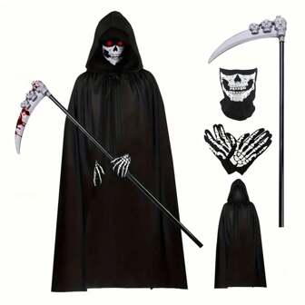 Adult Grim Reaper Costume Set - Includes Robe, Scary Sickle, Creepy Face Visor, And Spooky Gloves - Vampire-Themed Polyester Cosplay Outfit With Detailed Design For A Halloween Look That'll Send Shivers Down Your Spine
