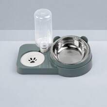 1pc Detachable & Washable Tilted Anti-Spill Anti-Wet Pet Bowl With Bear Ear Design, Large Capacity Dual Bowl With Automatic Water Dispenser, Stainless Steel