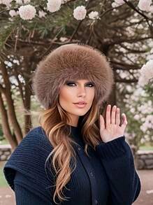 1pc Elegant Solid Color Polyester Faux Fur Patchwork Warm Windproof New Plush Faux Fox Fur Bucket Hat, Thick Ear Protection Bucket Hat For Autumn/Winter