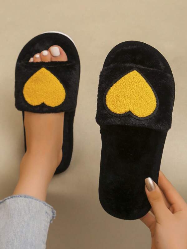 Heart-Shaped Open Plush Warm Slippers For Women, Autumn/Winter Thick Sole Non-Slip Indoor House Slippers, Fashionable Gift Slippers