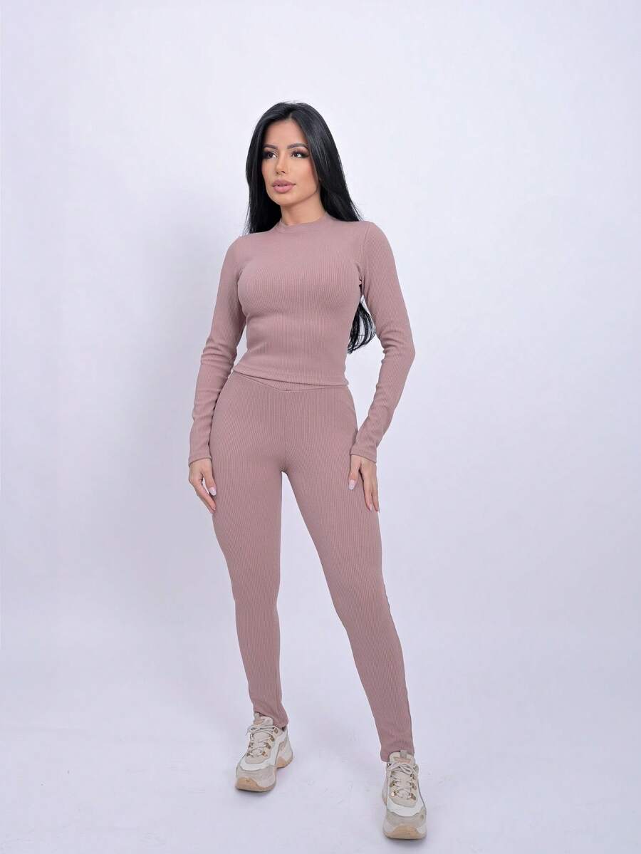 Leggings And Long Sleeve Top Set - 藕粉色 - 查看 1