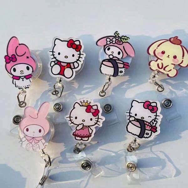 Sanrio Sanrio Cute Kitty Cartoon ID Retractable Clip Buckle Easy Pull Buckle Nurse Lanyard Card Cover Student Work Card Record Label,For School Supplies,Back To School