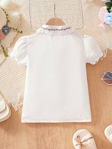 Girls' Elegant Floral Embroidery Puff Sleeve Collared Blouse, White Short Sleeve Top, Children Lace Shirt, Summer New Fashion - White - View 2
