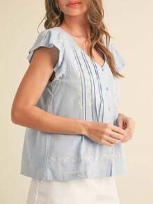 Women Cute Short Sleeve Boho Crop Top Fly Sleeve Floral Ruffle Shirts Y2K Out Going Peplum Blouse - 淺藍色 - 查看 3