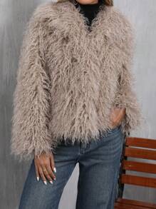 DEEKA Autumn/Winter New Women Faux Fur Effect Short Jacket, Fashion Minimalist European & American Style - Khaki - View 4
