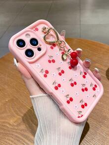 Funda protectora de teléfono de unicolor transparente de 1 pieza con patrón de cereza linda de TPU rosa, incluye un colgante con forma de cereza, compatible con iPhone 17/17 Air/17 Pro/17 Pro Max/16/16 Pro/16 Plus/16 Pro Max/15/14/13/12/11/13, 14 Pro Max, 11 Funda protectora a prueba de golpes de TPU suave, regalo de primavera - Rosa - Ver 4