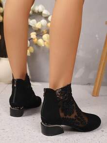 SDEMIN Early Autumn And Winter Daily Wear, Date Travel, Ladies' Temperament, Floral Print Lace Ankle Boots, Back Zipper Square High Heels, Round Toe Boots, And Fashionable Pointed Black Mesh Breathable High Heels - Black - View 5