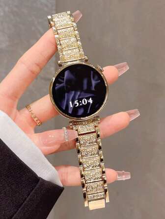 1pc Gold Rhinestone Metal Watch Band, Compatible With Fitbit Versa 2 1, Galaxy Watch 6 5 4 40mm 44mm, Galaxy Watch 5 Pro Band 45mm/Watch 6 4 Classic Band 42mm 46mm 43mm 47mm/Active 2 For Men And Women, Fits 20mm And 22mm Watch Straps