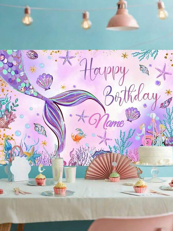1pc Customizable Name Personalized Underwater Park Birthday Party Backdrop, Purple Mermaid Tail Polyester Banner, No Electricity Required, Indoor And Outdoor Decor, Mermaid Themed Celebration, Photo Booth Photography Backdrops, Home Decor, , Three Sizes Available