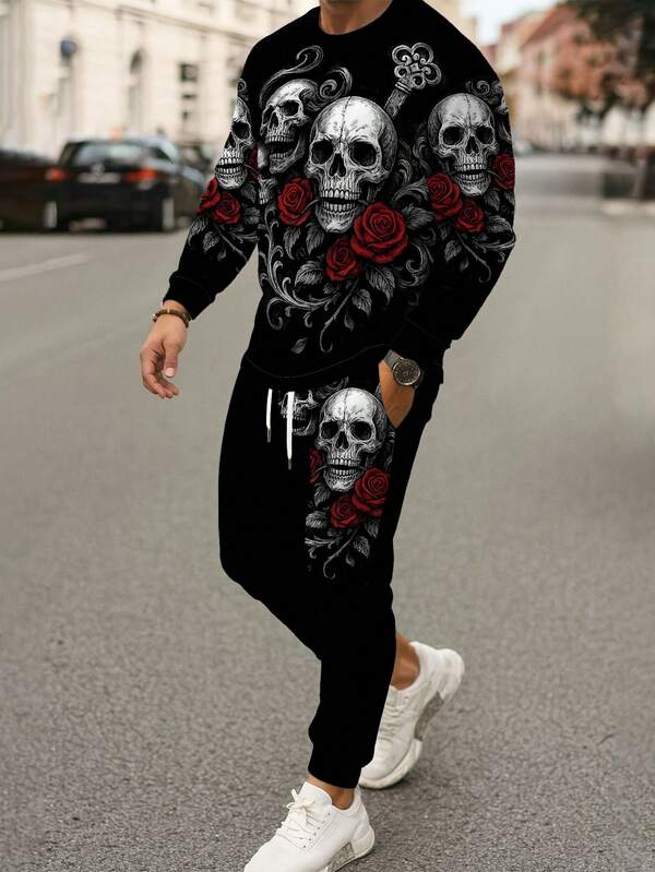 2 piezas Chándal de talla grande para hombres con estampado de rosa esqueleto - Sudadera + Pantalones, Estilo oscuro negro, Moda callejera - Adecuado para fiesta de Halloween, Ropa de otoño