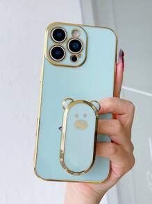 1 pieza Soporte de teléfono con oso plateado, Funda de teléfono plateada en morado/negro/blanco/azul/verde con soporte oculto, Funda protectora ultra delgada resistente a golpes, Protección de la lente de la cámara, Funda de teléfono suave