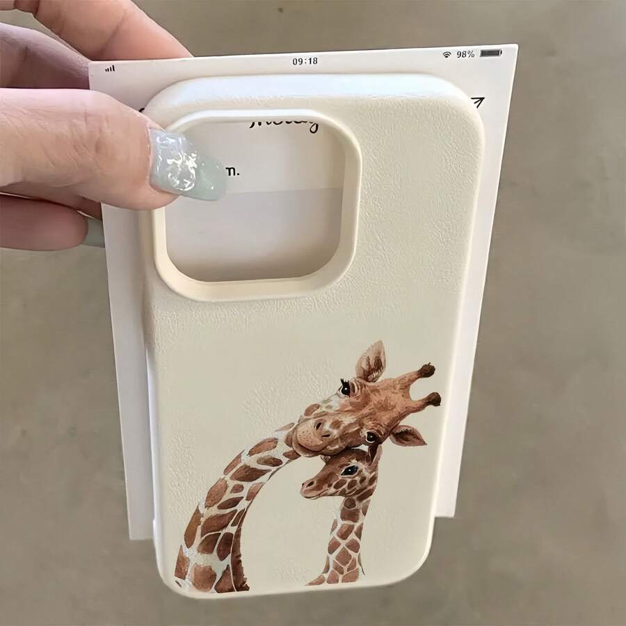 Expression 1pc White Leather Texture Minimalist Giraffe Pattern Couple Phone Case, Compatible With Iphone 16 Pro Max, 15, 14 Plus, 13, 12, 11 Protective Cover Waterproof Shockproof Anti-Fall Scratch Resistant - Multicolor - View 1