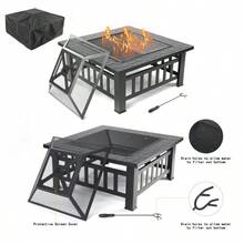 Fire Pits For Outside 32" Wood Burning Fire Pit Tables With Screen Lid Poker BBQ Net Ice Tray Food Clip And Cover Backyard Patio Garden Outdoor Fire Pit Ice Pit BBQ Fire Pit Black - 肉凍 - 查看 7