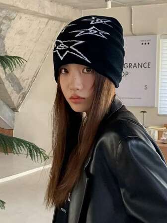 1 件女式黑星针织帽，时尚有弹性的秋季配饰