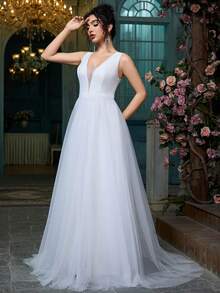 Women Fashion V-Neck Simple Elegant Romantic Formal Wedding Dress Event Homecoming Party Gowns Bachelorette Bridal Shower Engagement Reception Dresses - White - View 7