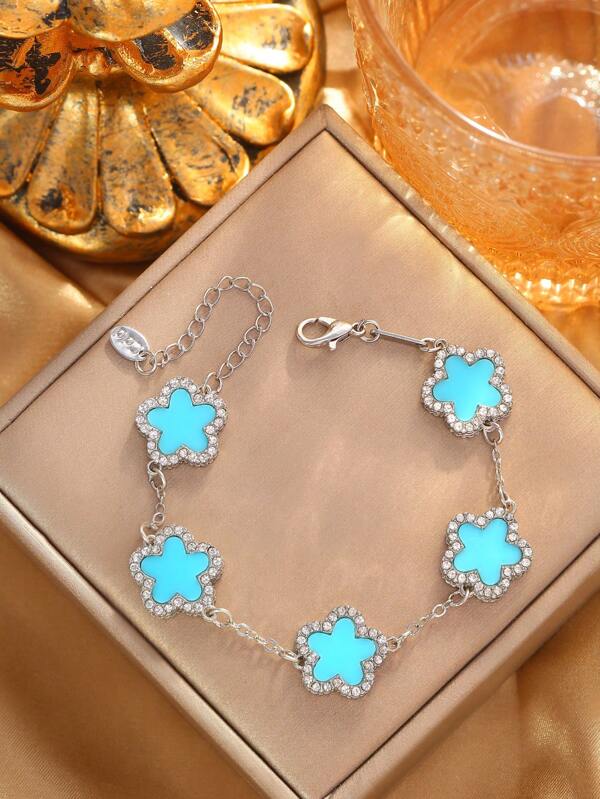 1pc Clover Rhinestone Decor Light Blue Bracelet, Fashionable & Elegant Style For Women, Suitable For Daily Wear (No Gift Box)