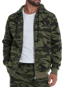 Herren Camouflage Reißverschluss Kapuzenpullover, weiches Mischgewebe, warme Thermofütterung, Tasche, Outdoor Sport, Herbst/Winter, Langarm Oberteil - Armeegrün - Übersicht 5