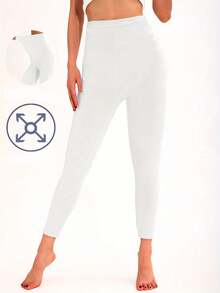 Women's High Waist Tight Fit Solid Color Leggings, Comfortable High Elasticity Yoga Pants, Soft Fitted 7/8 Length Trousers For Fitness, Yoga, Walking, Outdoor Activities, Daily Wear, Spring/Summer - White - View 3